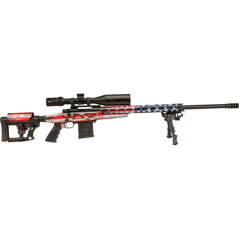1500 APC Chassis, Bolt Action Rifle, 25 Creedmoor, 24" Heavy Threaded Barrel, Matte Finish, Blued, Cerakote Finish, Red, White and Blue, LUTH-AR MBA-4Fully Adjustable Stock, Right Hand, 10 Rounds, 3 Magazines, Includes Nikko Stirling 4-16X50mm Scope, Buf