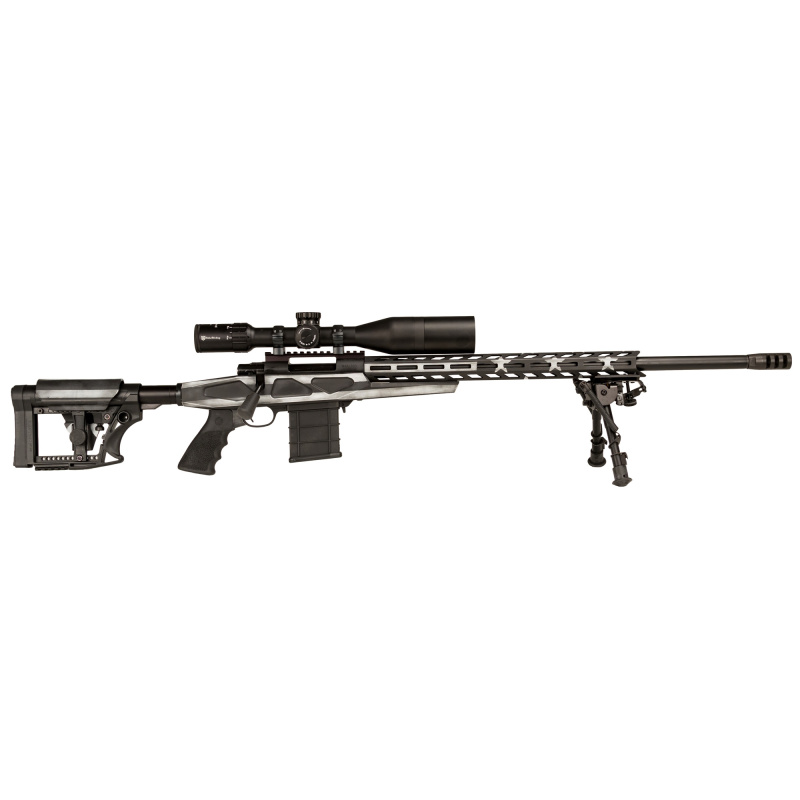 1500 APC Chassis, Bolt Action Rifle, 25 Creedmoor, 24" Heavy Threaded Barrel, Matte Finish, Blued, Cerakote Finish, Gray American Flag, LUTH-AR MBA-4 Fully Adjustable Stock, Right Hand, 10 Rounds, 3 Magazines, Includes Nikko Stirling 4-16X50mm Scope, Buf