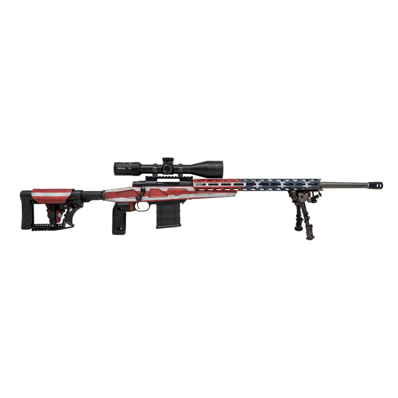 1500, Bolt Action Rifle, 6.5 Creedmoor, 24" Heavy Threaded Barrel, Red/White/Blue Finish, APC Chassis, Right Hand, 10 Rounds, Includes 3 Mags, 2 Grips, and Bipod HCRA72507USKMDT