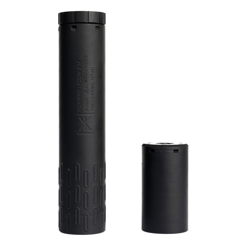 Flow 9 M, Suppressor, 9MM, 8.6" Length, 1.38" Diameter, Titanium Construction, 8.5oz, Cerakote Finish, Black, Includes 1/2x28 Booster Assembly 3870