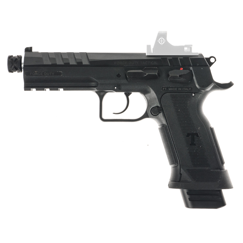 Force Duty, Semi-automatic, DA/SA, Polymer Frame Pistol, 9MM, 4.9" Barrel, 1/2X28 Thread Pitch, Cerakote Finish, Black, Rapid Sight System, Optics Ready, RSMC Compatible, Single Thumb Safety, 20 Rounds, 1 Magazine TF-FDT-9RS