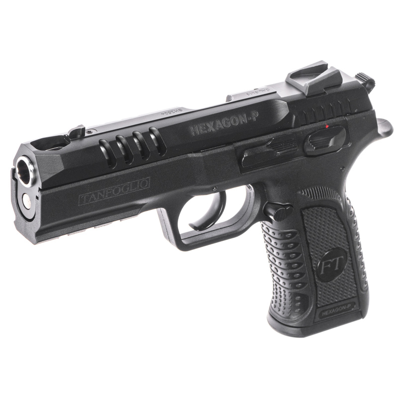 Hexagon P, Semi-automatic, DA/SA, Polymer Frame Pistol, 9MM, 4.45" Integrally Compensated Barrel, Black, Polymer Grips, Adjustable Sights, Optics Ready with Sight Plate, Single Side Thumb Safety, 17 Rounds, 1 Magazine TF-HEXP-9