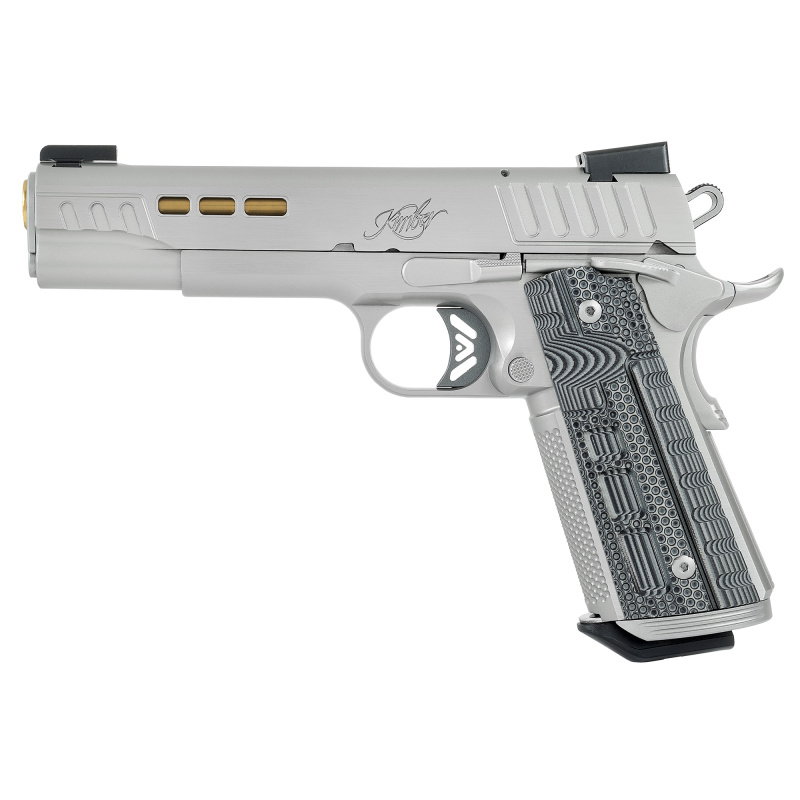 Rapide Dawn, Semi-automatic, 1911, Full Size, 9MM, 5" Barrel, Gold TiN Finish, Brushed Stainless Finish, Silver, TRUGLO TFX Tritium/Fiber-Optic Day/Night Sights, Black/Gray G10 Grips, Manual Safety, 9 Rounds, 1 Magazine, California Compliant 3000420CA