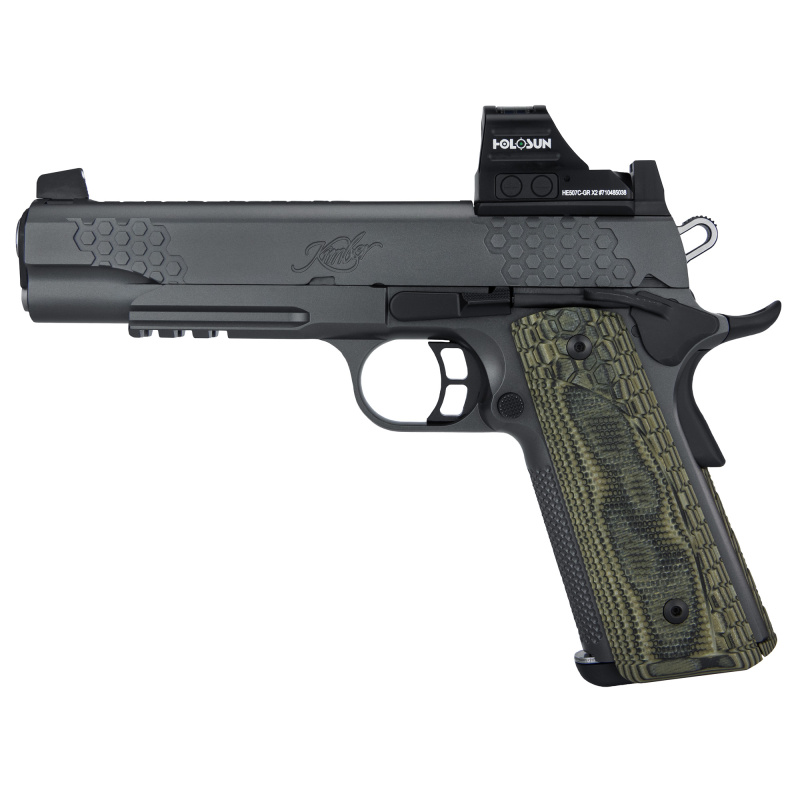 KHX CUSTOM/RL (OI), 1911, Semi-automatic, Full Size, 45ACP, 5" Barrel, Matte Finish, Black, G-10 Grips, Railed Frame, Optic Ready, Mounted Holoson HE507C-GR-X2 Optic, 8 Rounds 3000436