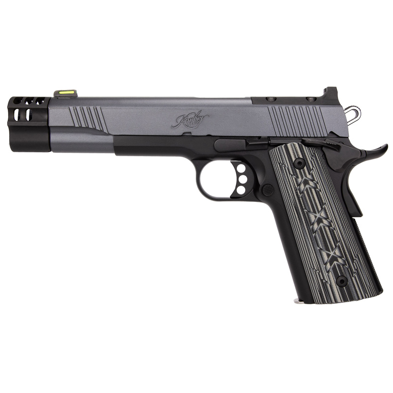 Comp X Hunter 10, 1911, Semi-automatic, Metal Frame Pistol, Full size, 10MM, 5" Match Grade Stainless Steel Barrel, Stainless Steel, KimPro Finish, Gray Slide with Black Frame, G-10 Grips, Fiber Optic Front Sight, Black Rear Sight, Optics Ready, Manual T