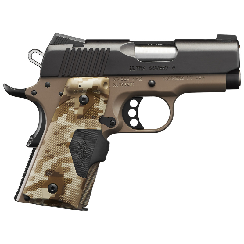 Ultra Covert II Cali, 1911, Semi-automatic, Metal Frame Pistol, Sub-Compact, 45 ACP, 3" Barrel, Carbon Steel Match Grade Barrel, Aluminum, KimPro Finish, Flat Dark Earth, Crimson Trace Laser Grips, Tritium Night Sights, Manual Safety, 7 Rounds, Right Han