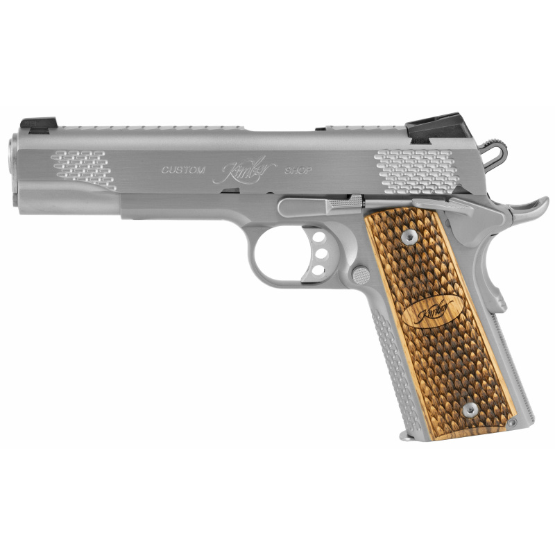 Raptor II Cali, 1911, Semi-automatic, Metal Frame Pistol, Full Size, 45 ACP, 5" Barrel, Carbon Steel Match Grade Barrel, Stainless Steel, Brushed Finish, Silver, Zebrawood Grips, Tritium Night Sights, Ambidextrous Manual Safety, 8 Rounds, Ambidextrous 32