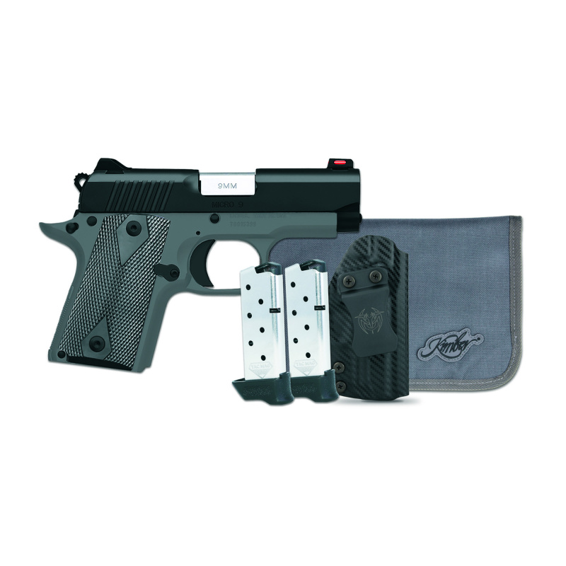 Micro 9 RTC, 1911, Semi-automatic, 9MM, Metal Frame Pistol, 3.15" Barrel, KimPro II Finish, Ghost Shadow, Black Slide with Gray Body, Rubber Grips, Fiber Optic Front Sight, Thumb Safety, 7 Rounds, 2 Magazines, Includes Tactical Qualifier Ambidextrous Hol