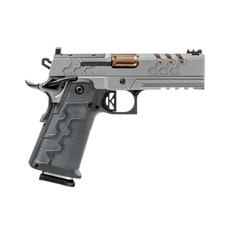 2K11 PRO Stainless, Semi-automatic, 1911, Full Size Pistol, 9MM, 4.25" Bull Barrel, Kimpro Finish, Granite, Coyote PVD Barrel, Kevlar/Carbon Fiber Grips, Fixed Rear Sight, Fiber Optic Front Sight, Optics Ready, RMR Footprint, Ambidextrous Thumb Safety, 1