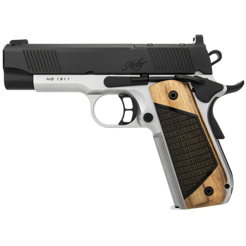 Next Generation Pro, 1911, Semi-automatic, Metal Frame Pistol, Compact, 9MM, 4" Bull-barrel with Deep Crown, Matte Finish, Stainless Steel with Black Slide, Black Walnut Grips with G10 Inlay, Fiber Optic Front and Fixed Black Serrated Sights, Optics Read
