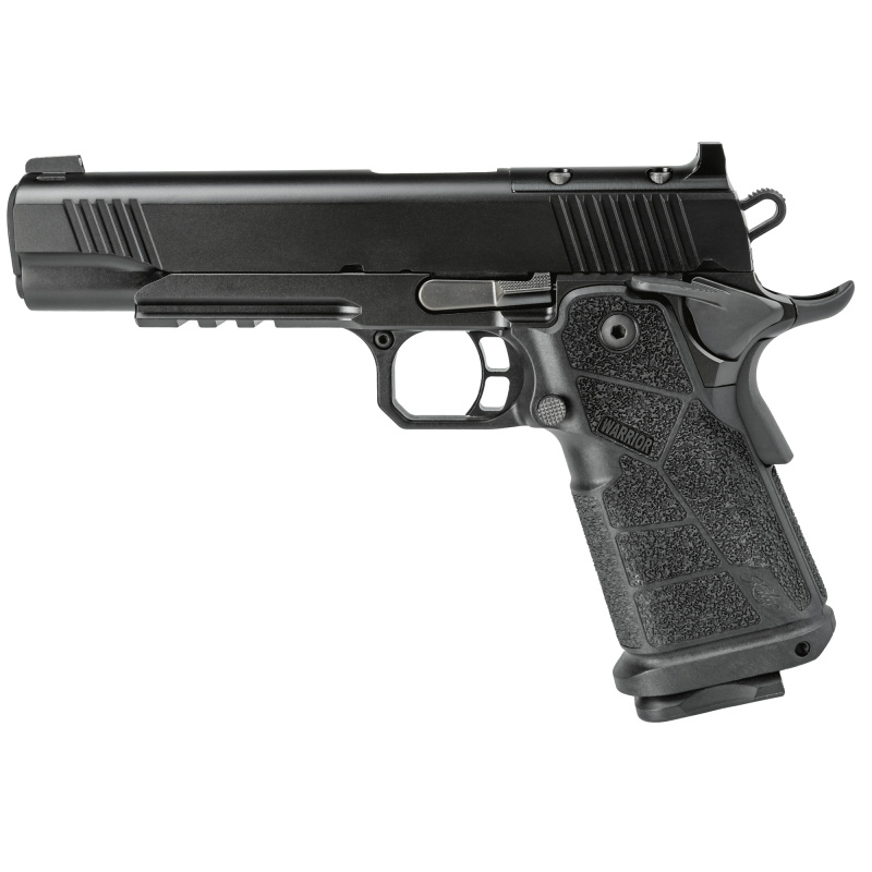 DS Warrior, Semi-automatic, Metal Frame Pistol, 1911, Full Size, 45ACP, 5" Bushing Barrel with Deep Crown, Kimpro Finish, Black, Carbon Fiber Grips, Tritium Front Sight, Optics Ready, Includes C&H RMR Optic Mount, Ambidextrous Thumb Safety, 13 Rounds, 2