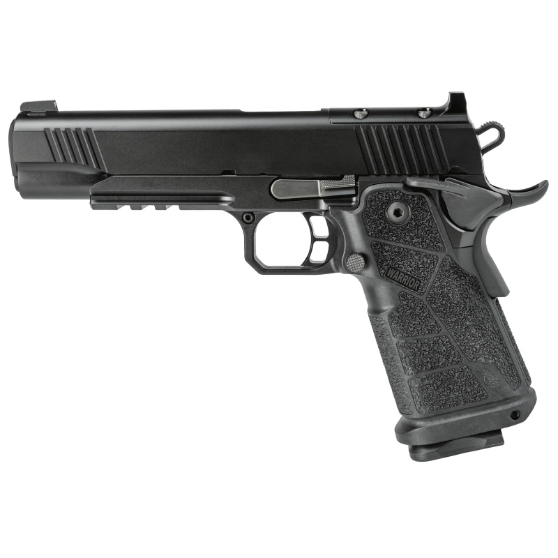 DS Warrior, Semi-automatic, Metal Frame Pistol, 1911, Full Size, 10MM, 5" Bushing Barrel with Deep Crown, KimPro Finish, Black, Carbon Fiber Grips, Tritium Front Sight, Optics Ready, Includes C&H RMR Optic Mount, Ambidextrous Thumb Safety, (1)-18 Round M