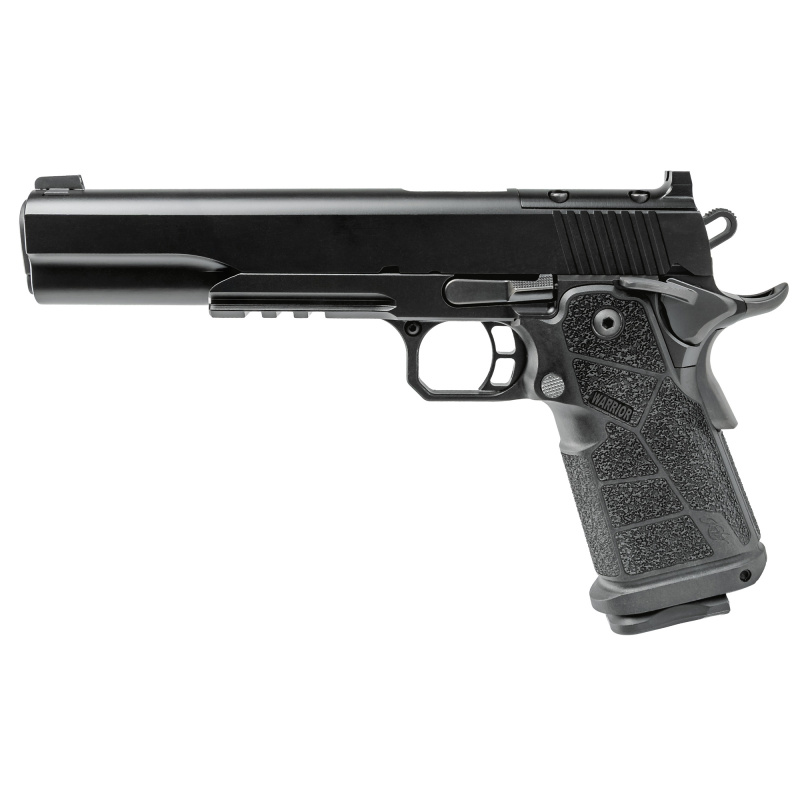 DS Warrior LS, Semi-automatic, Metal Frame Pistol, 1911, Full Size, 10MM, 6" Bushing Barrel with Deep Crown, KimPro Finish, Black, Carbon Fiber Grips, Tritium Front Sight, Optics Ready, Includes C&H RMR Optic Mount, Ambidextrous Thumb Safety, (1)-18 Roun