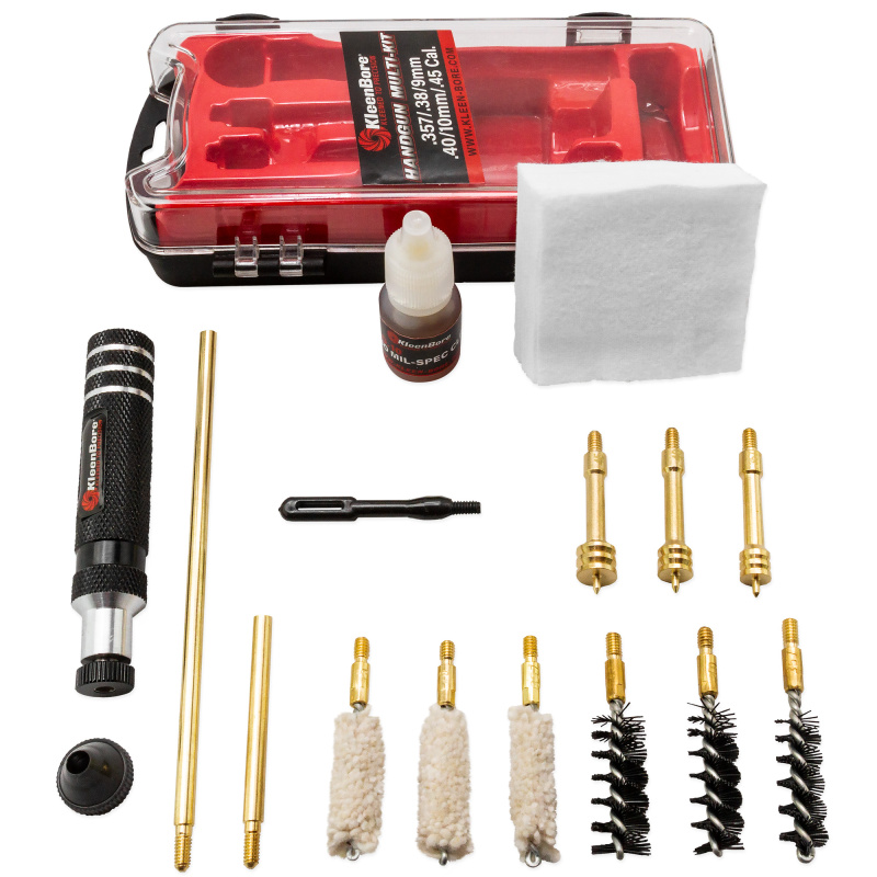 Multi-Kit, Cleaning Kit, 3 Heavy Duty Nylon Bristle Bore Brushes: .357/.38/9MM - .40/10MM - .45, 3 Cotton Bore Mops, KleenBore No. 10 BIO Mil-Spec CLP HMK38-45