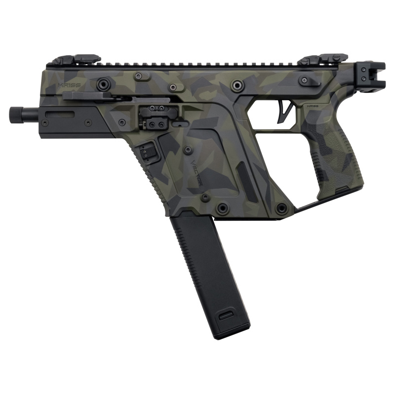 VECTOR SBR Gen III, Semi-automatic, Short Barreled Rifle, 45ACP, 5.5" Threaded Barrel, .578X28 Thread Pitch, Cerakote Finish, Woodland Delta, Low-Profile Flip-Up Sights, 3-Position Adjustable Folding Stock, 1 Magazine, 30 Rounds KV45-3SWD00