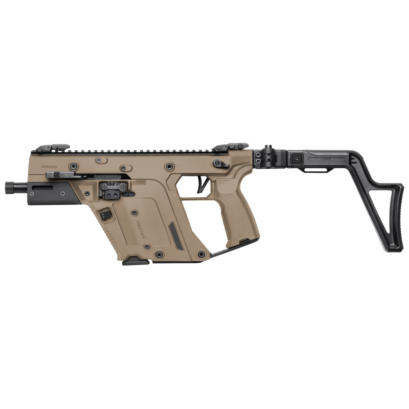 VECTOR SBR, Gen III, Semi-automatic, SBR, 9MM, 5.5" Threaded Barrel, 1/2X28 Thread Pitch, Matte Finish, Flat Dark Earth, 3-Position Adjustable Folding Stock, Low-Profile Flip-Up Sights, 1 Magazine, 40 Rounds KV90-3SFD00