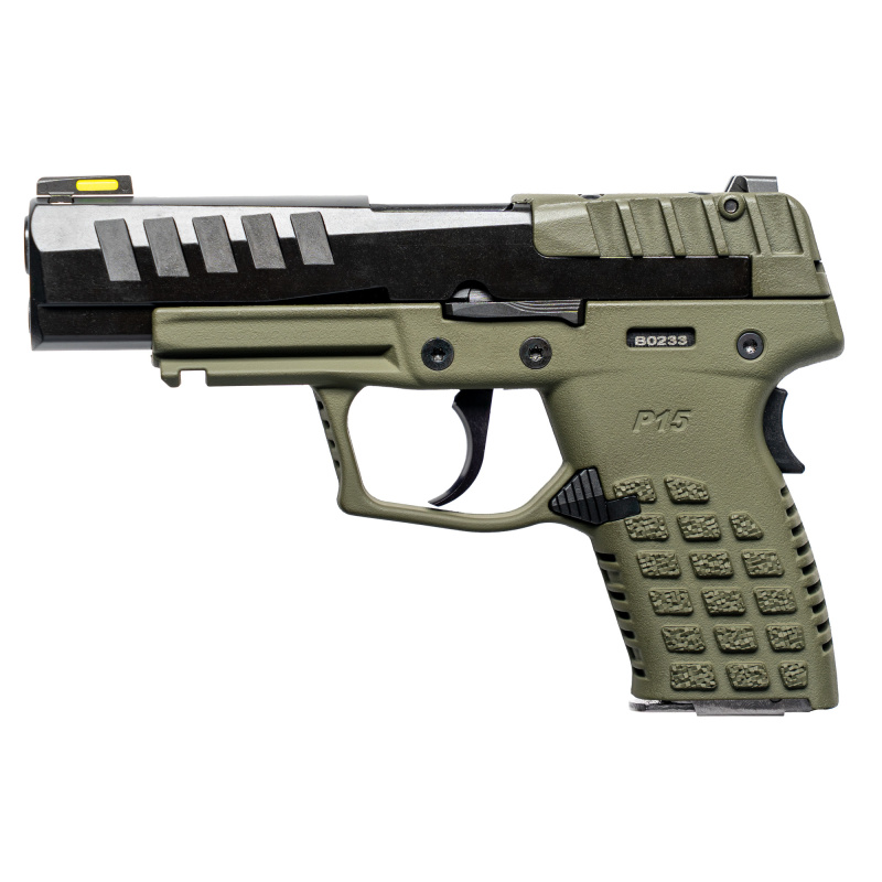 P15, Striker Fired, Semi-automatic, Polymer Frame Pistol, Compact, 9MM, 4" Barrel, Matte Finish, Black, Green Frame, Hi-Viz Fiber/Tritium Front Sight, 2 Magazines, 10 Round, California Compliant P15GRNCA