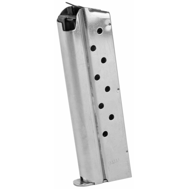 Magazine, 9MM, 9 Rounds, Fits 1911, Includes 1 Thick and 1 Thin Base Pad, Stainless, Silver 849
