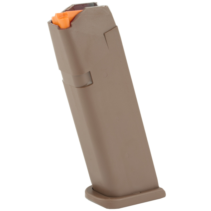 OEM Magazine, 9MM, 17Rd, Fits GLOCK 17/34, Cardboard Style Packaging, FDE Finish, Orange Follower 47459