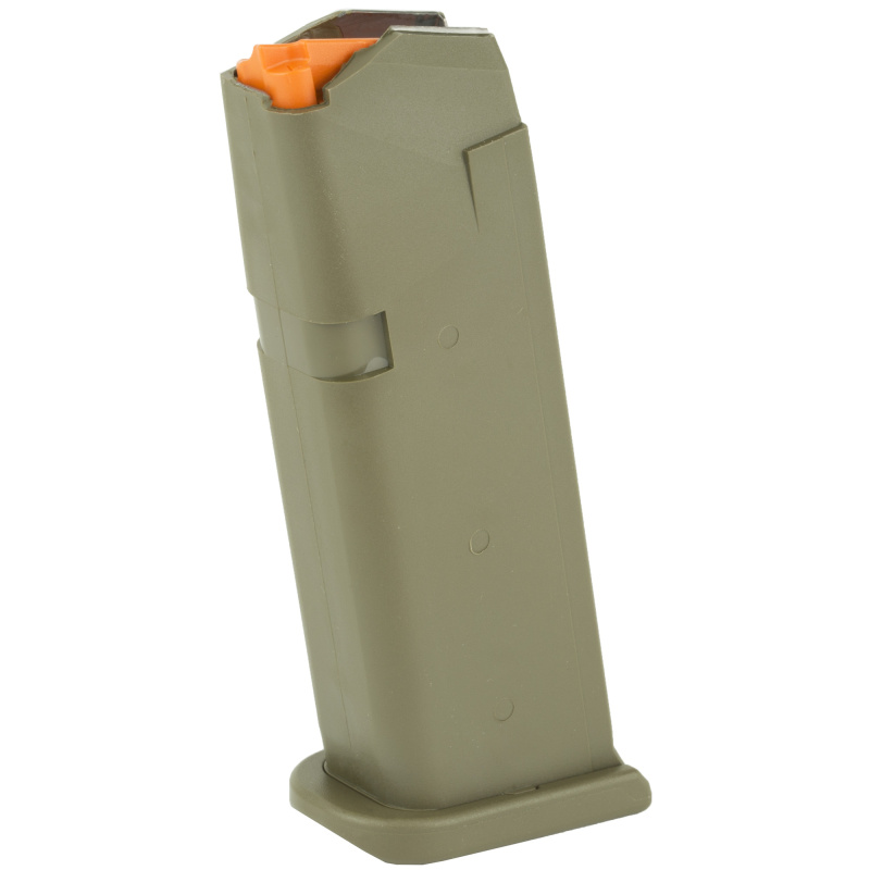 OEM Magazine, 9MM, 15Rd, Fits GLOCK 19, Cardboard Style Packaging, OD Green Finish, Orange Follower 47460