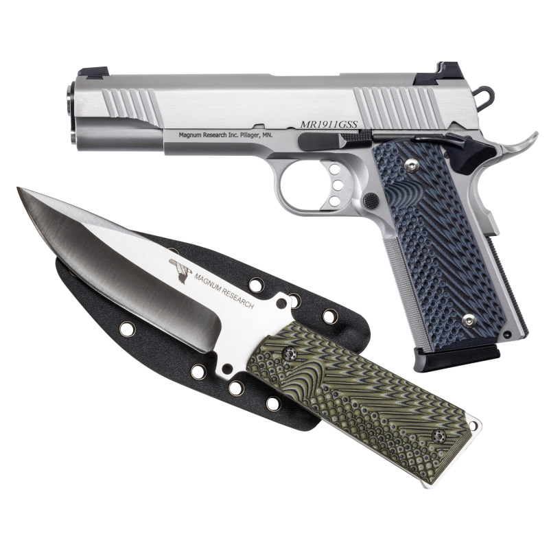 1911G, 1911, Semi-automatic, Metal Frame Pistol, Full Size, 45 ACP, 5" Barrel, Steel, Stainless Steel Finish, G10 Grips, Fixed Sights, 8 Rounds, 2 Magazines, Includes 1911 Knife and Sheath DE1911GSS-K