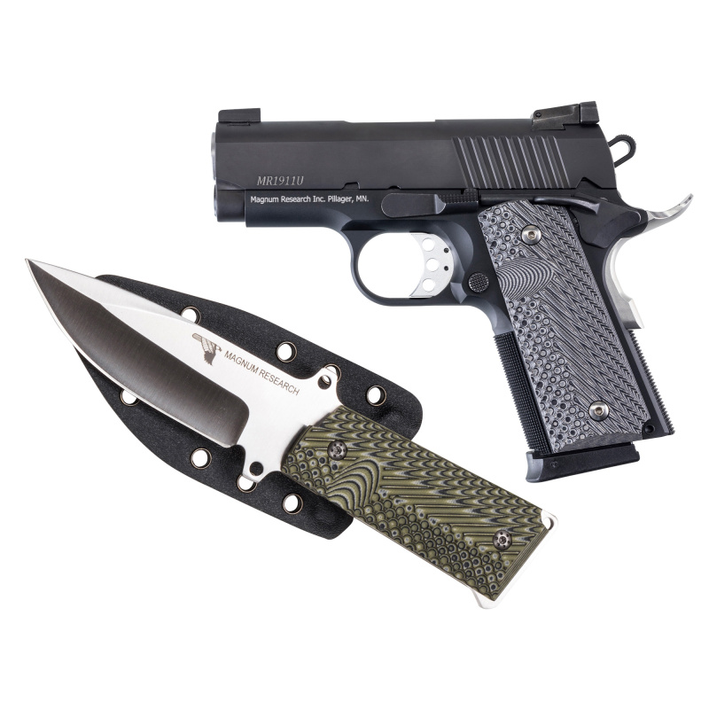 1911U, Undercover, Semi-automatic, Compact, 45ACP, 3" Barrel, Aluminum Frame, Black Finish, Wood Grips, Adjustable Rear Sight, 6Rd, 1 Magazine, Includes 1911 Knife and Kydex Sheath DE1911U-K