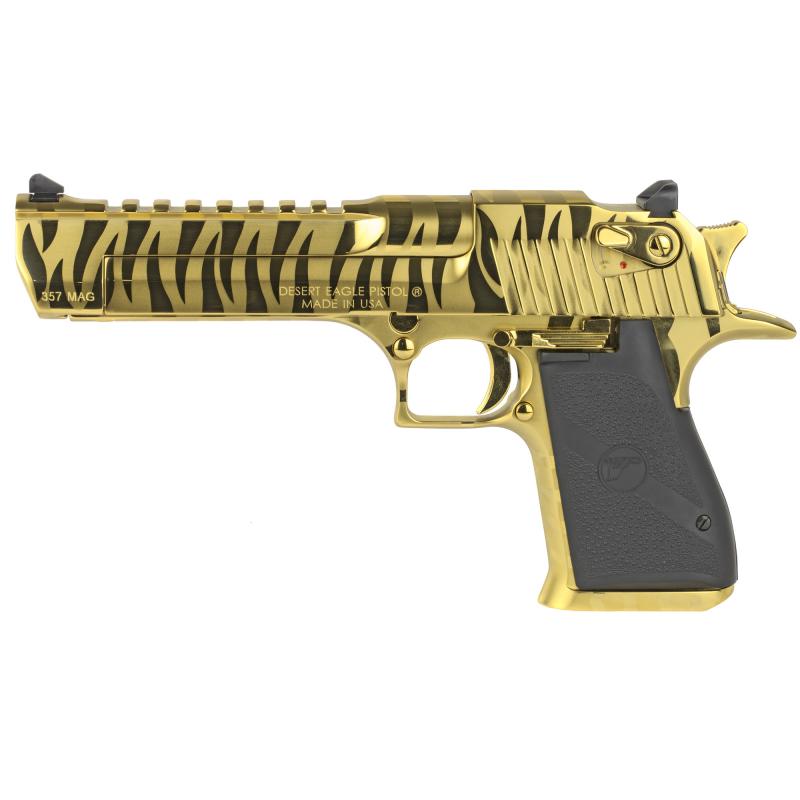 MK19, Desert Eagle, Semi-automatic, Single Action, 357 Mag, 6" Barrel, Steel Frame, Titanium Gold with Tiger Stripes, Plastic Grip, 9Rd, 1 Magazine, 70.2oz DE357TG-TS