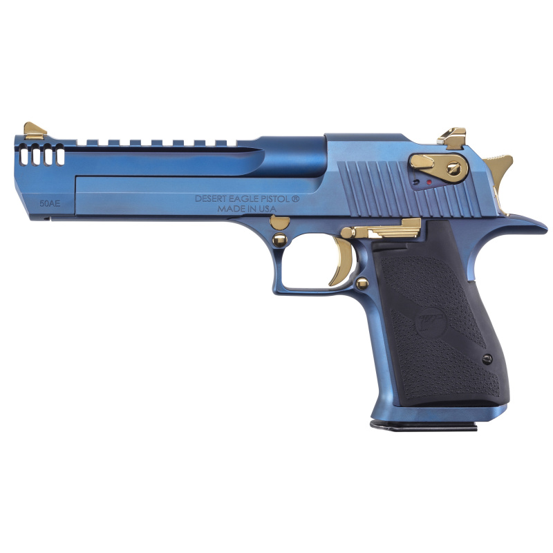MK19 Desert Eagle, Semi-automatic Pistol, 50 Action Express, 6" Barrel, Integrated Muzzle Brake, Cerakote Finish, Carbo Blue, Rubber Grips, Gold Combat Sights, 7 Rounds, 1 Magazine DE50CBG