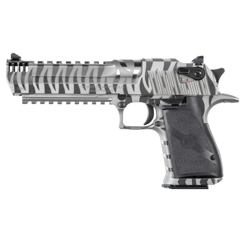 Desert Eagle MK XIX, Single Action, Semi-automatic, Metal Frame Pistol, Full Size, 50 Action Express, 6" Barrel, Stainless Steel Finish, White Tiger Strips, Rubber Grips, Fixed Sights, Ambidextrous Thumb Safety, 7 Rounds, 1 Magazine DE50WTS