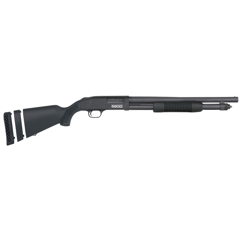 590S Optic Ready Pump Action 12 Gauge, 3" Chamber, 18.5" Barrel, Matte Blued Finish, Adjustable Length of Pull Synthetic Stock, Bead Sight, Receiver Milled for Shield RMSc Pattern Micro Dot Sights, 9 Rounds w/1.75", 6 Rounds w/2.75", 5 Rounds w/3" Shells