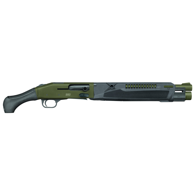 990 Aftershock SFX, Pistol-Grip Shotgun, Semi-Automatic, 12 Gauge, 3" Chamber, 14.75" Barrel, Integrated Heat Shield, Fixed Choke, Cerakote Finish, OD Green, Black Furniture, AfterShock Grip, Winged Front Fiber Optic, Optic-Ready with Shield RMSc Footpri