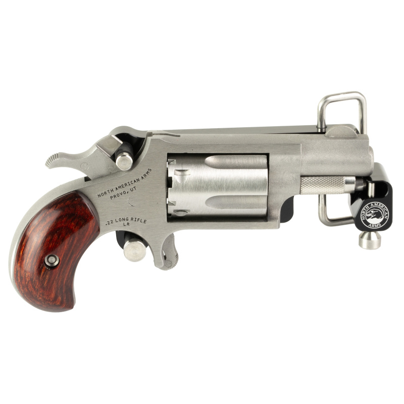 Mini Revolver, Single Action, Revolver, 22LR, 1.125" Barrel, Matte Finish Stainless Steel, Silver, Wood Grips, Fixed Sights, 5 Rounds, Includes Skelton Belt Buckle NAA-22LR-BBS