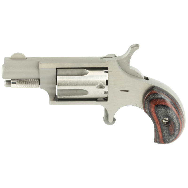 Mini Revolver, Single Action, 22LR, 1.125" Barrel, Steel Frame, Stainless Finish, Red/Black Wood Grips, Fixed Sights, 5Rd NAA-22LRR