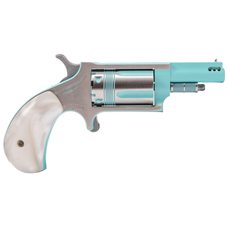 Iris Mini Revolver, Single Action Only, 22 WMR, 1.625" Ported Barrel, Cerakote Finish, Turquoise and Silver, White Pearlite Grips, 5 Rounds NAA-22M-PB