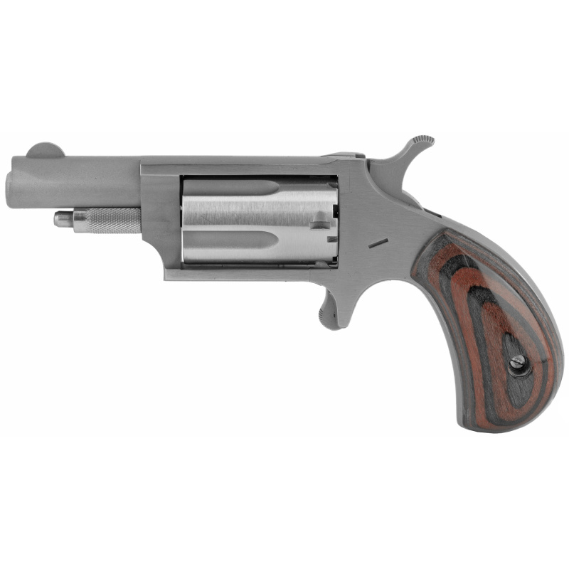 Mini Revolver, Single Action, 22WMR, 1.625" Barrel, Steel Frame, Stainless Finish, Red/Black Wood Grips, Fixed Sights, 5Rd NAA-22MR