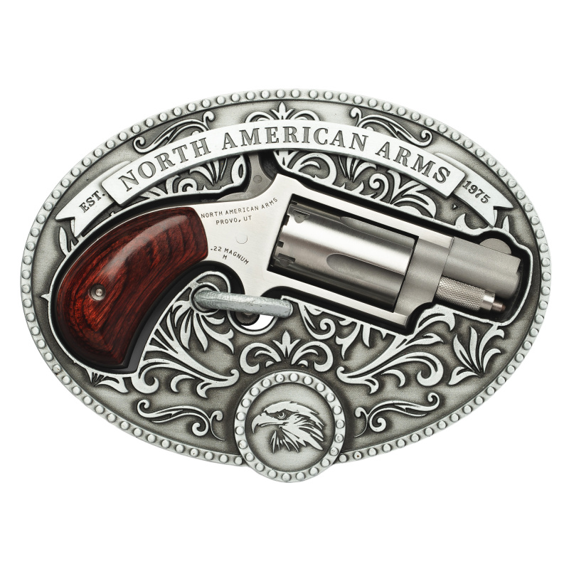 Chuckwagon, Derringer, Single Action Only, Micro Compact, 22 WMR, 1.13" Barrel, Stainless Steel Finish, Rosewood Grips, Fixed Sights, 5 Rounds, Includes Belt Buckle Holster NAA-22MS-BBO
