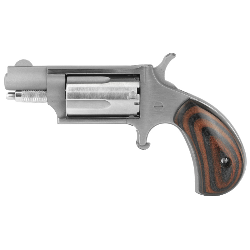 Mini Revolver, Single Action, 22WMR, 1.125" Barrel, Steel Frame, Stainless Finish, Red/Black Wood Grips, Fixed Sights, 5Rd NAA-22MS-GRB