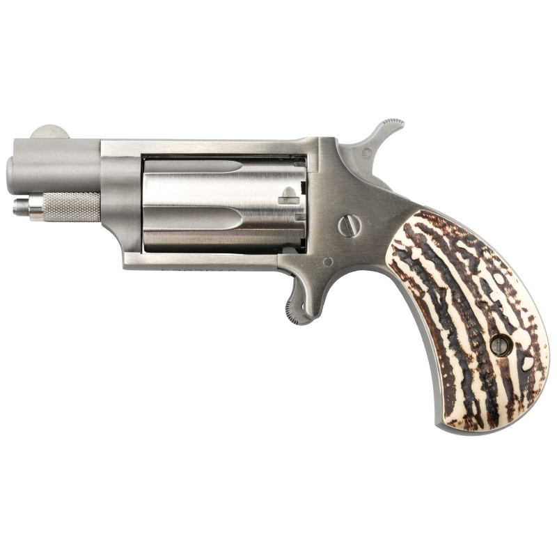 Mini Revolver, Single Action, 22WMR, 1.125" Barrel, Steel Frame, Stainless Finish, Imitation Stag Grips, Fixed Sights, 5Rd NAA-22MSGSTG