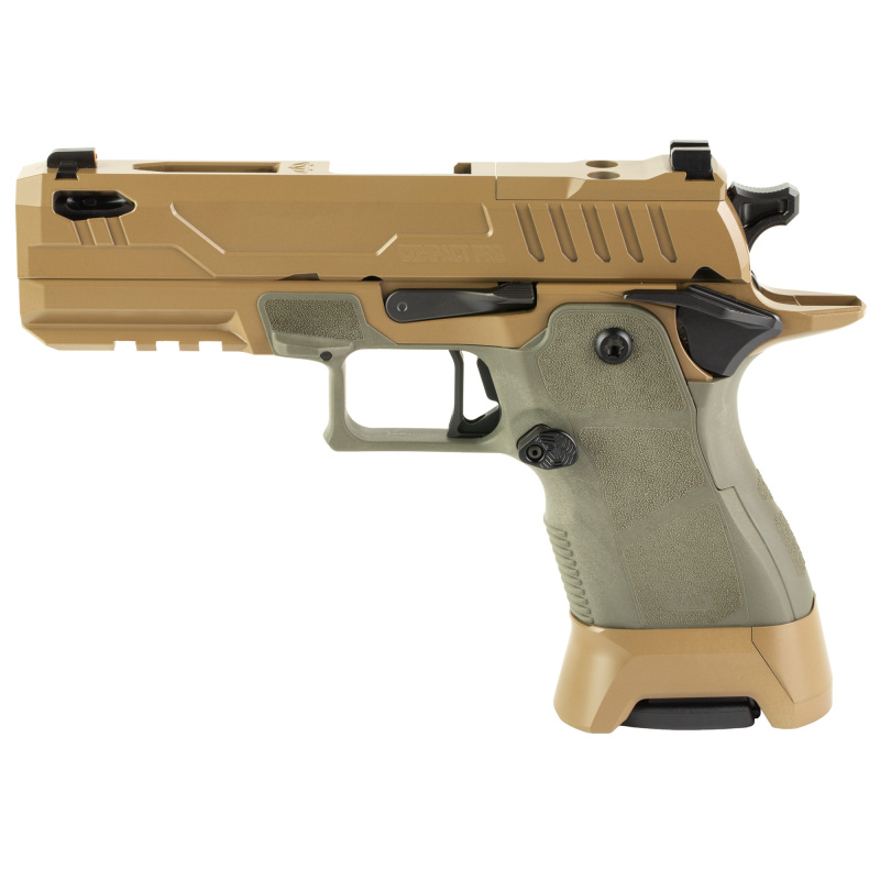 2311 Compact Pro Plus, Single Action, Semi-automatic, Metal Frame Pistol, Compact, 9MM, 4.25" Ported Barrel, Matte Finish, High Desert, Sage Grip, Extended Magazine Release, Enhanced Trigger, Tritium Night Sights, Optics Ready, 17 Rounds, 5 Magazines, In