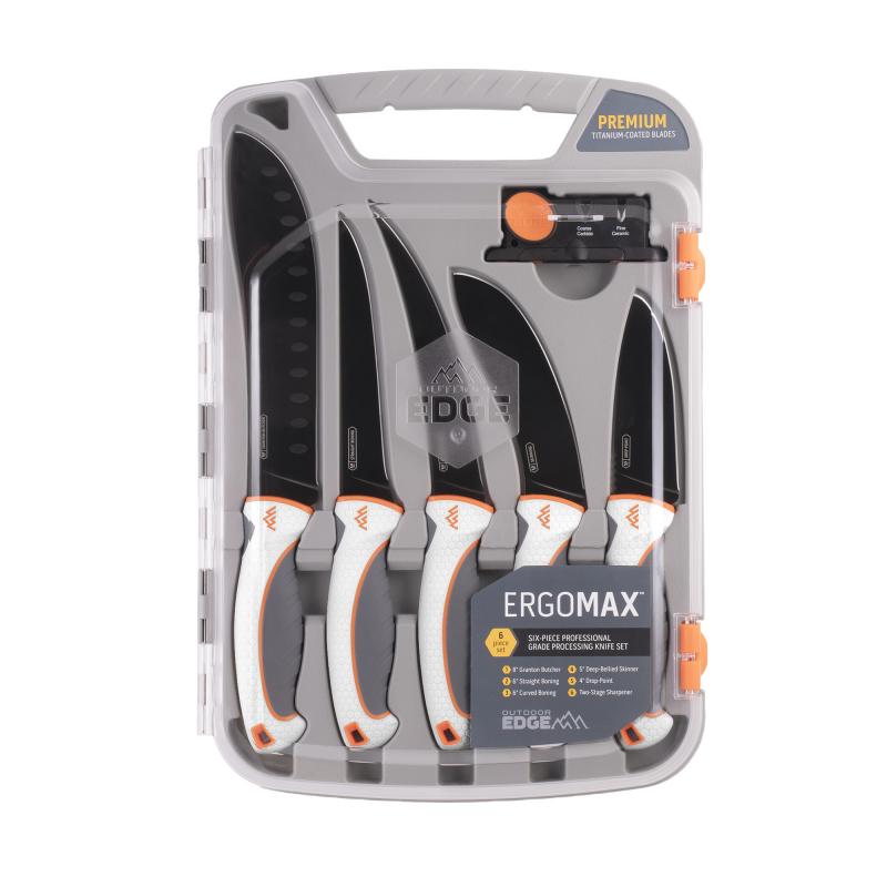 ErgoMax, Fixed Blade Knife Set, Plain Edge, 5Cr13MoV Blade Steel, White and Orange Handles, Titanium Coated Blades, Kit includes 5 Knives and Sharpener EM-1