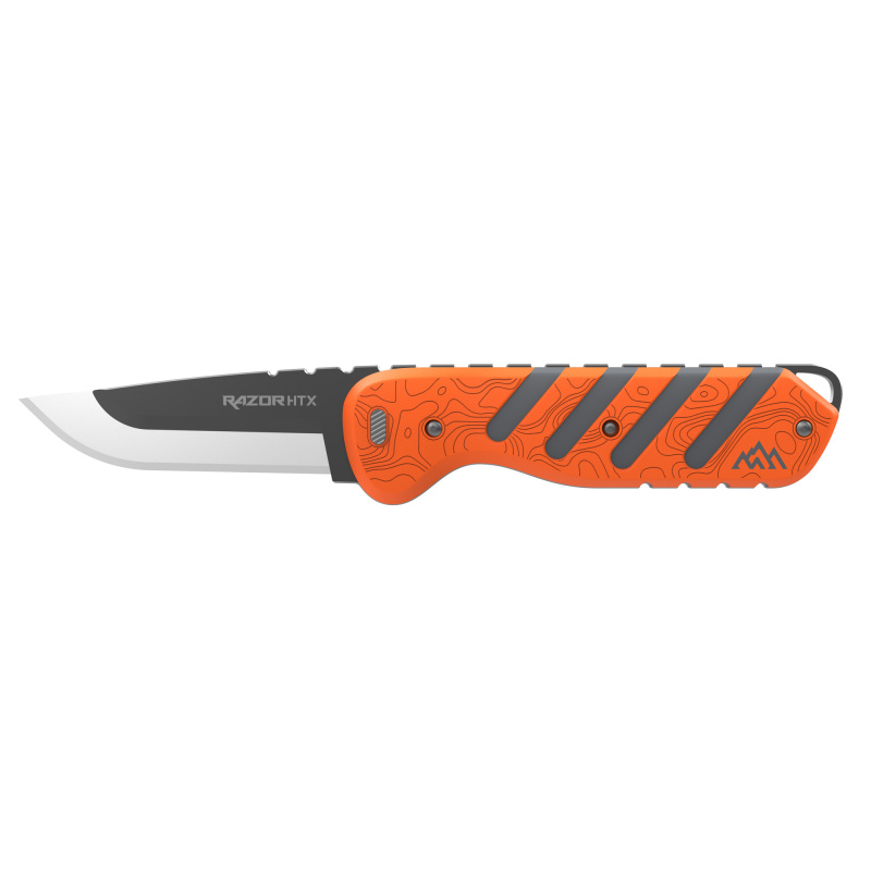 Razor HTX, Folding Knife, Plain Edge, 3.5" Blade Length, Includes (5) Drop Point Blades, (1) Gutting Blade, (1) Saw Blade Pod, Matte Finish, Orange & Gray Rubberized Aluminum Handle HTX35Y-6C
