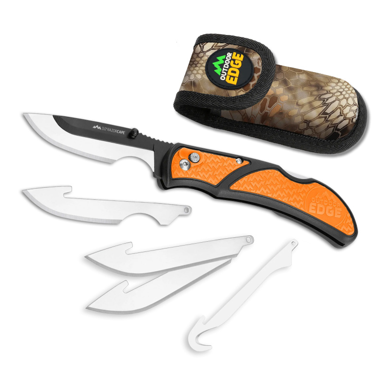 Razorcape, Folding Knife, Plain Edge, 3" Blades, Black Oxide Finish, 420J2 Stainless Steel, Orange Handle, Includes (2) Caping Blades, (2) Drop Point Blades, and (1) Gutting Blade RCB30-10C