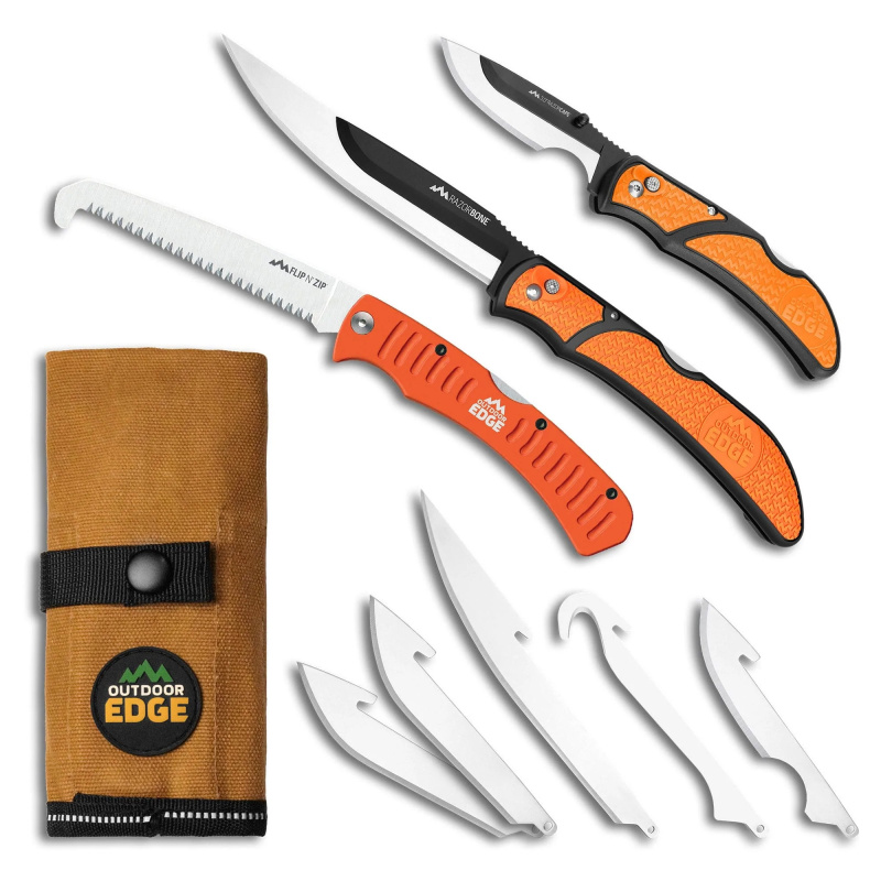 Razorguide Pak, Folding Knife Set, Black Oxide Finish, 420J2 Stainless Steel, Orange Handle, Includes (1) Razorbone with 5 Blades, (1) Razorcape with 2 Blades, and (1) Flip N Zip Saw RGP-1