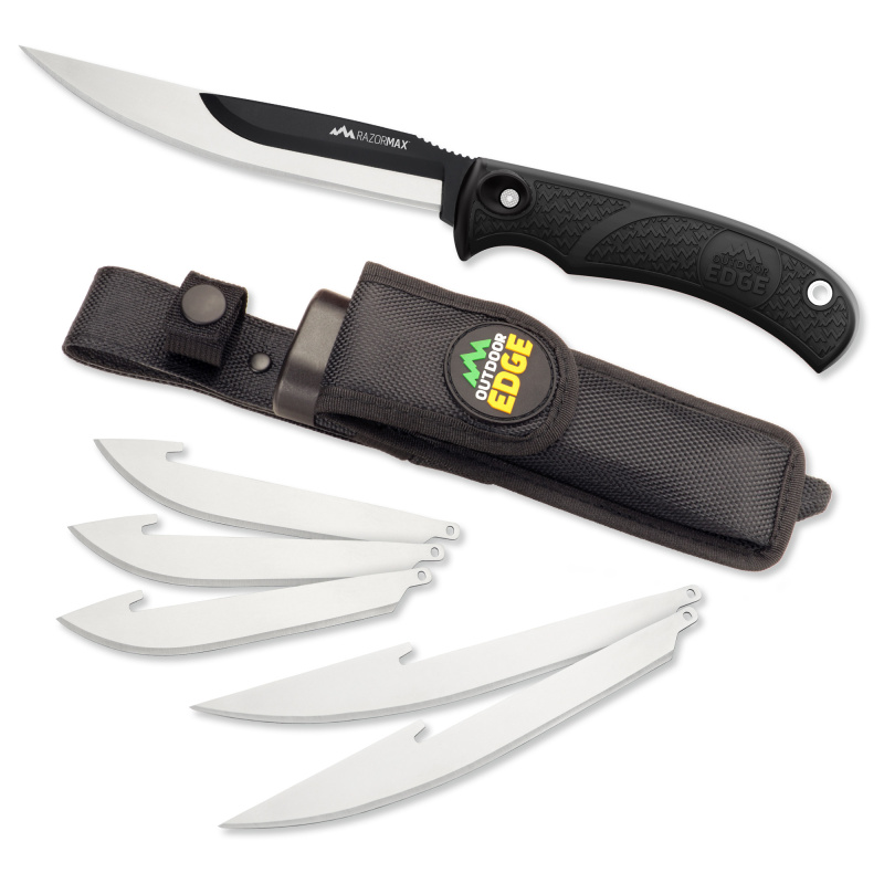 Razormax, Fixed Blade Knife, Plain Edge, Black Oxide Finish, 420J2 Stainless Steel, Black Handle, Includes (3) Drop Point Blades, (3) Boning/Fillet Blade and Nylon Sheath RMK-10C