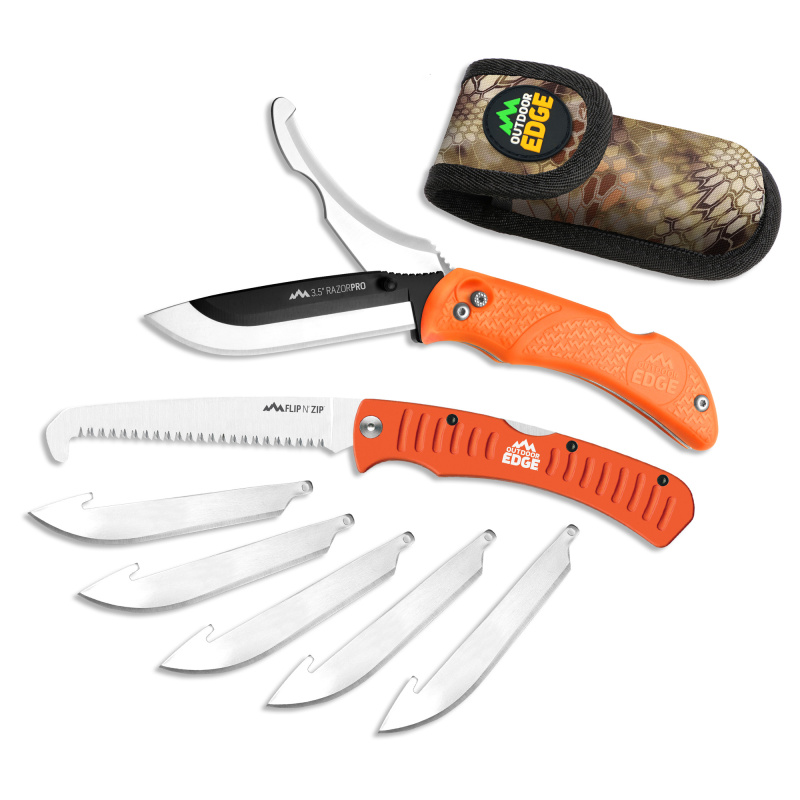 Razor Pro, Folding Knife and Saw Combo, Plain Edge, 3.5" Blades, 420J2 Stainless Steel, Orange Handle, Includes (6) Drop Point Blades and Gut Blade ROC-30C