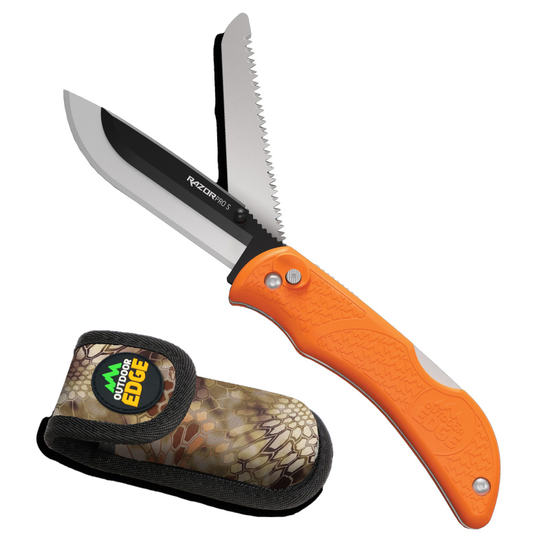 Razorpro S, Folding Knife, 3.5" Plain Edge Blade, 3.4" Saw Blade, Black Oxide Blade Holder, 420J2 Stainless, Orange Handle, Includes Nylon Sheath RSB35-6C