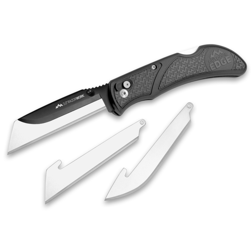 Razorwork, Folding Knife, Plain Edge, 3" Blades, Black Oxide Finish, 420J2 Stainless Steel, Gray Handle, Includes (2) Utility Blades and (1) Drop Point Blade RW30-60C