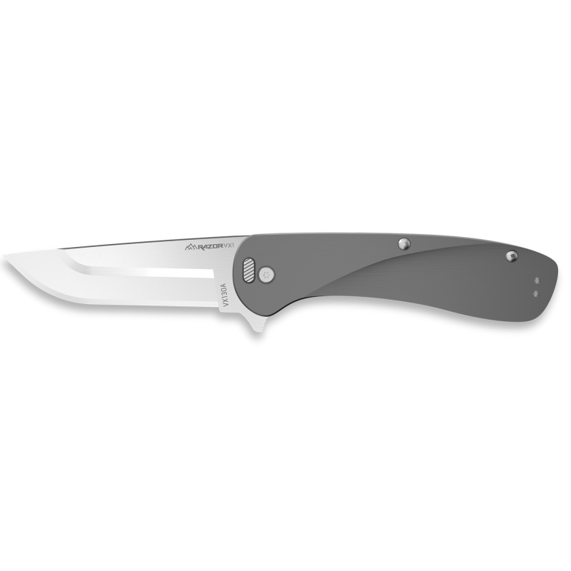 Razor VX1, Folding Knife, Plain Edge, 3" Blade Length, 7.3" Overall Length, 420J2 Stainless Steel, Includes (2) Standard Plain Edge and (1) Partially Serrated Blade, Anodized Gray Finish, Aluminum Scales, Stainless Steel Blade Holder, Reversible Deep Car
