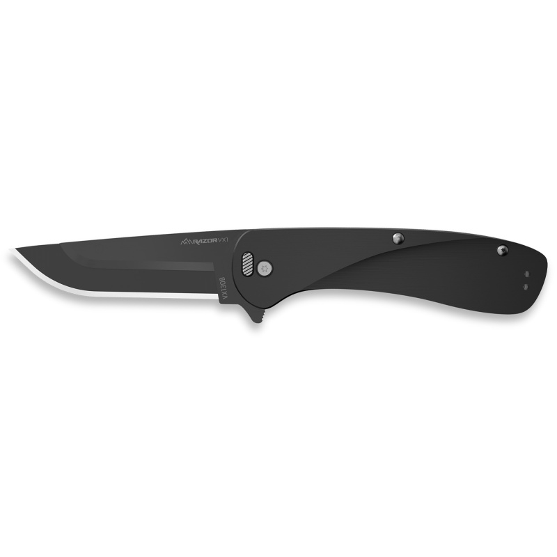 Razor VX1, Folding Knife, Plain Edge, 3" Blade Length, 7.3" Overall Length, 420J2 Stainless Steel, Includes (2) Standard Plain Edge and (1) Partially Serrated Blade, Anodized Black Finish, Aluminum Scales, Stainless Steel Blade Holder, Reversible Deep Ca