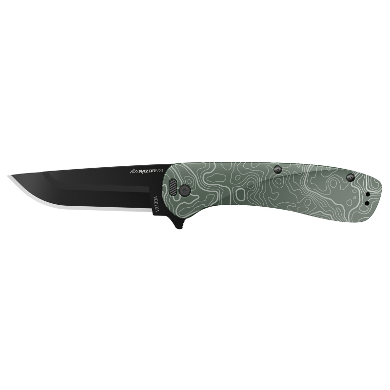 Razor VX1, Folding Knife, Plain Edge, 3" Blade Length, 7.3" Overall Length, 420J2 Stainless Steel, Includes (2) Standard Plain Edge and (1) Partially Serrated Blade, Anodized Green Finish, Aluminum Scales, Stainless Steel Blade Holder, Reversible Deep Ca
